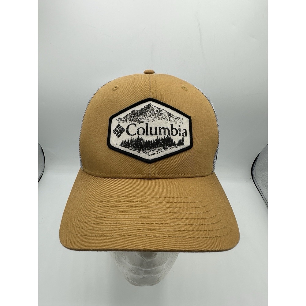 Columbia Hat S/M Flexfit Trucker Cap Tan Gray Mesh Mountain Patch Outdoor